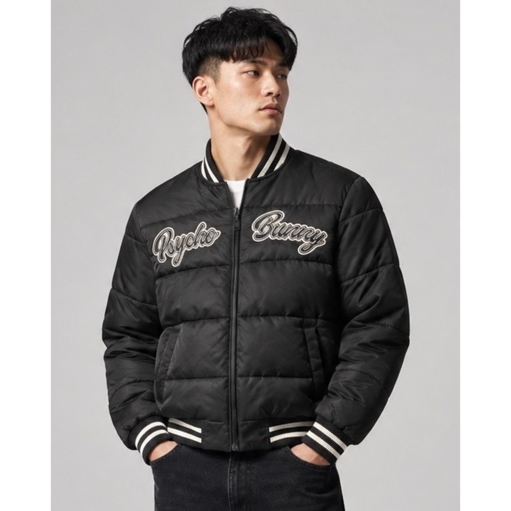Psycho Bunny Mens Black Puffer Varsity Bomber Jacket Embroidered Back Graphic XS